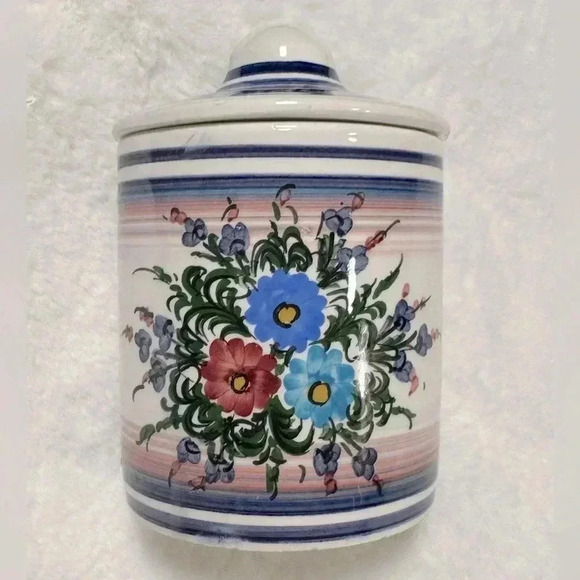 Vintage Greek Ceramic Storage Jar with Lid Flower Motif Cottagecore Handmade - Picture 1 of 10